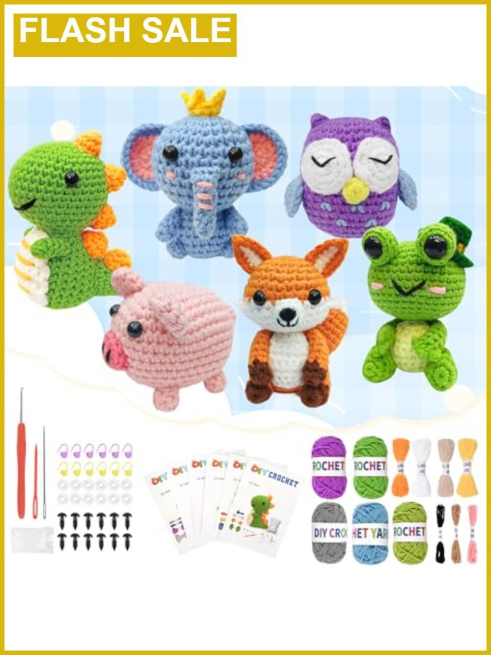 6Pc Crochet Kit for Beginners DIY Animal Craft Gift with Step-by-Step Video